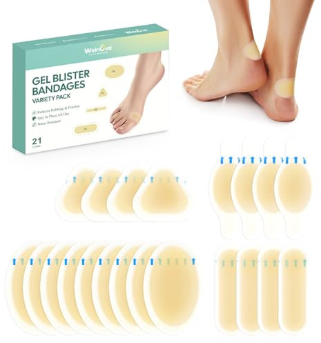 21 Pieces Blister Plasters for Feet - Welnove Invisible Hydrocolloid Gel Blister Bandages - Blister Cushions for Heel, Toe & Foot, Water Resistant Bandages