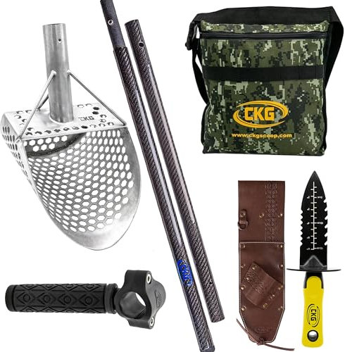 CKG Sandschaufel für Metallerkennung, Edelstahl, Strandschaufel, komplettes Set inklusive (Metalldetektionsbeutel + Schaufel 9 x 6 + Kohlefaser-Griff + Grabwerkzeug + Griff + Lederkoffer), Größe M