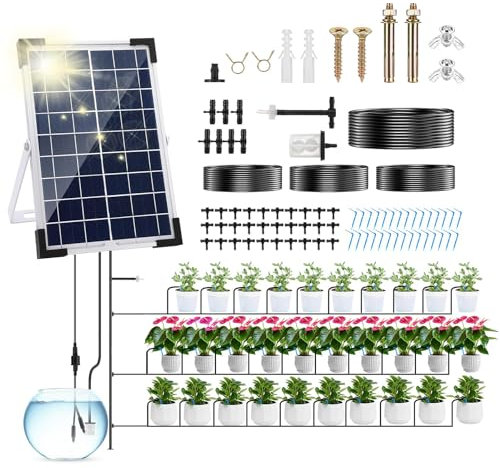UKSUNVI Garden Drip Irrigation System Solar Powered,5W Automatic Solar Drip Irrigation Kit Watering System, Anti-Siphon Design for Potted Plants Greenhouse,Timing Modes Plant Watering Devices