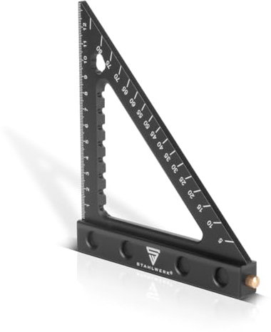 STAHLWERK Winkeldreieck mit Anschlag und Markiernadel metrisches Aluminium-Winkellineal | Anschlagwinkeldreieck | Zimmermannswinkel zum präzisen Messen, Anreißen, Markieren und Zeichnen