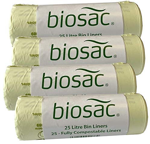 Caddy Liners Direct BioSac 25 Litre (25L) x 100 Bags (4 roll pack) - Extra thick Compostable and Biodegradable Kitchen Food Waste Bio/Compost Caddy Bin Liners - Certified EN13432, BS25LX100