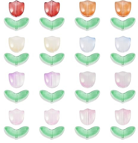 PandaHall 80set Tulip & Leaf Lampwork Glass Beads for Jewelry Making