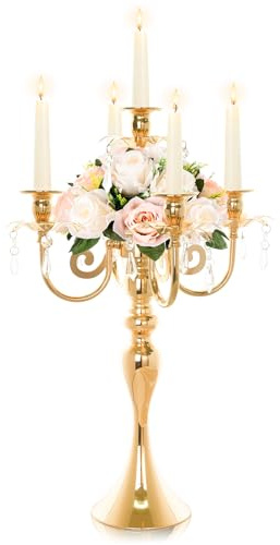 20.3'' Tall 5 Arm Gold Candelabra Centerpiece for Table, Metal &Crysyal Candle Holder, Retro Candelabra/Candlestick Table Centerpieces for Party, Events, Home, Wedding Decor (1pc, Gold)