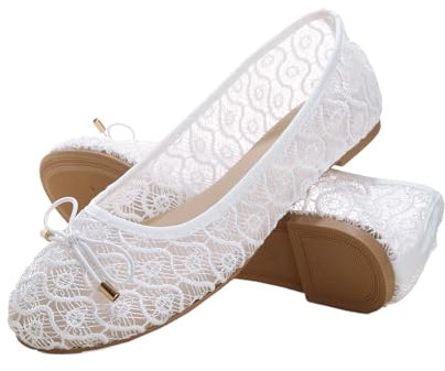 Jifenkla Ballerinas Schuhe Damen, Elegant Flache Lace Schuhe Slip On Knit Kleid Leichte Sommerschuhe, Bequem Barfußschuhe Ballerinas Atmungsaktive Walking Slipper Loafer Stoffschuhe, Weiß, EU 37
