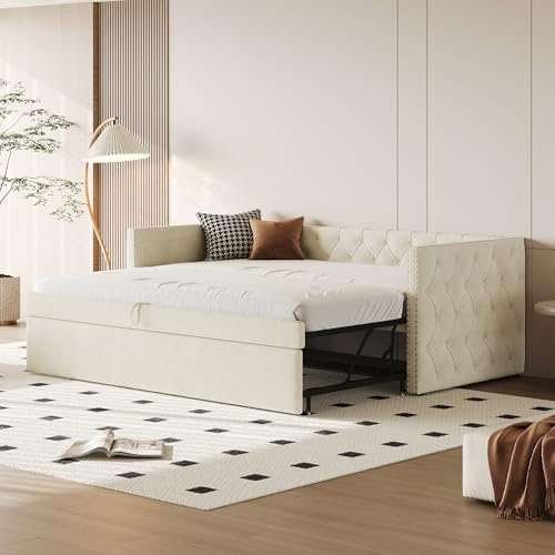 Dolamaní Jugendbett Schlafsofa 90x200 cm mit Ausziehbett gleiche höhe, Ausziehbares Bett mit Lattenrost, Klassische Vollform mit Knöpfen, Samt Polsterbett (Beige)