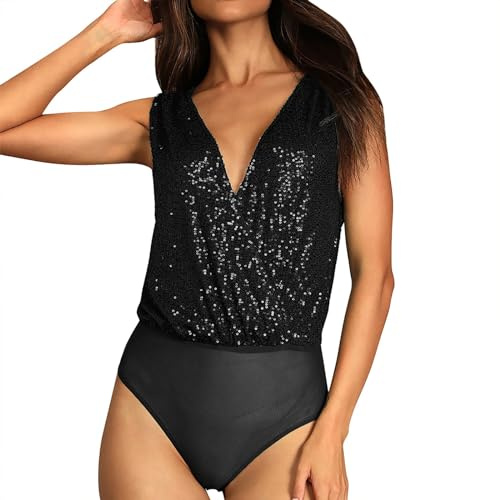 Generico Salopette Jeans Corta Donna Body da Donna con Gilet Sexy con Paillettes a Vita Alta, Senza Maniche, con Scollo a V, con Paillettes Salopette Donna Gonna