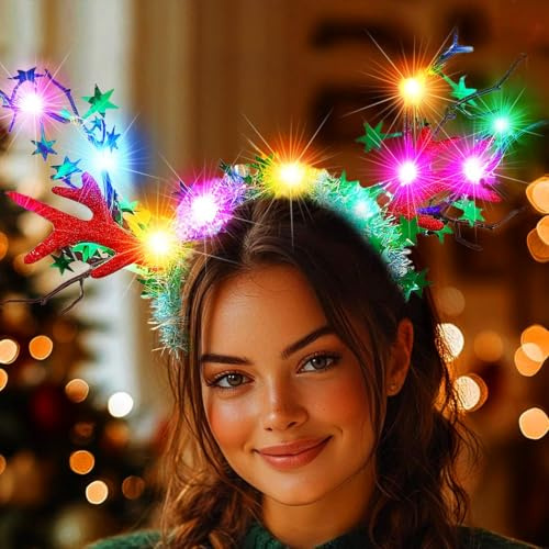 Fashband Weihnachts-Rentiergeweih-Stirnband, LED-Stern-Haarreif, leuchtend, glitzernd, Haarschmuck für Damen