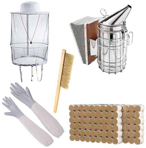 ZffXH Set di attrezzi per apicoltore, 5 alveari, 108 sfere di incenso, guanti in pelle di capra, taglia XL, cappello da apicoltore, pennello, accessori per apicoltore, kit iniziale