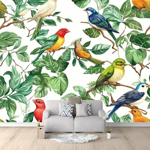 Tapete Vlies 3D Deko Panel Fototapete Wanddeko, Tropische Vögel Grüne Blätter Mustertapete Wandtapete Bunt design Dekoration, Tapeten 250 x 175 cm Für Büro Schlafzimmer Esszimmer