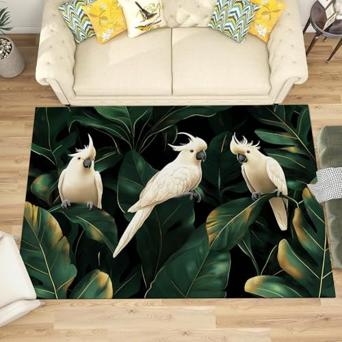NAWVNMI Kurzflor Kinderteppich für Jungen und Mädchen 140 x 200 cm Dschungel - Weißer Papagei - Waschbarer Teppich Extra Weich und Antiallergen - Teppich Kinderzimmer, Babyzimmer und Spielzimmer