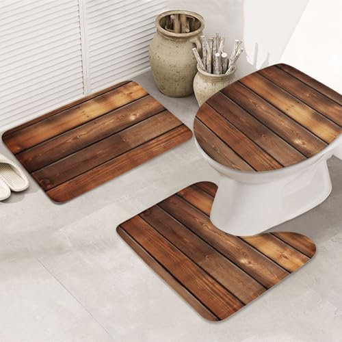 FLYIFE Badezimmerteppich-Set, braunes Holz, bedruckt, rutschfest, 3-teilig, Flanell-Badematte mit U-förmiger WC-Vorleger und WC-Sitzbezug