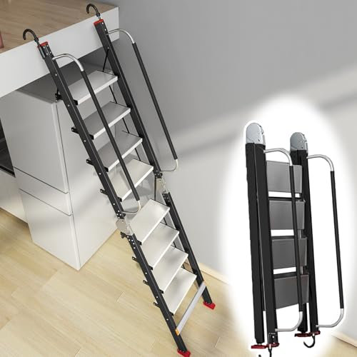 Dachbodentreppe Klappbare Dachbodenleitern mit Rutschfesten Handläufen, Aluminium Dachbodenleiter Dachbodentreppe 8-14 Stufen, Platzsparende Keller/ Fensterschacht Fluchtleiter(Black,13 step-375cm (14