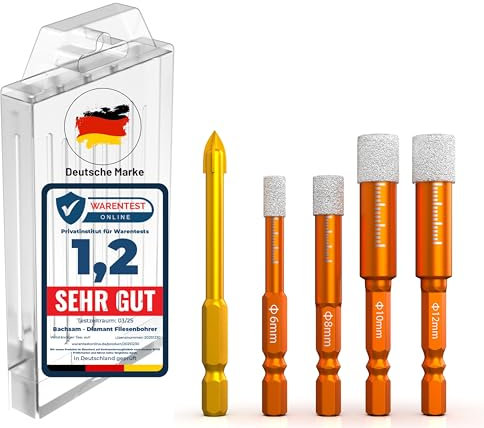 Bachsam® Diamantbohrer Set 6,8,10,12mm, Fliesenbohrer, Glasbohrer, Keramikbohrer Porzellanbohrer Feinsteinzeugbohrer Granitbohrer – Bohrkrone Set Fliesen Diamant mit Sechskantschaft. (Set alt)