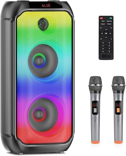 Altavoces Bluetooth con 2 Micrófonos Inalámbricos, Máquina de Karaoke Portátil, Sistema de Megafonía con Luces LED, Altavoz Bluetooth para Karaoke Compatible con Tarjetas TF/USB, Entrada AUX, TWS