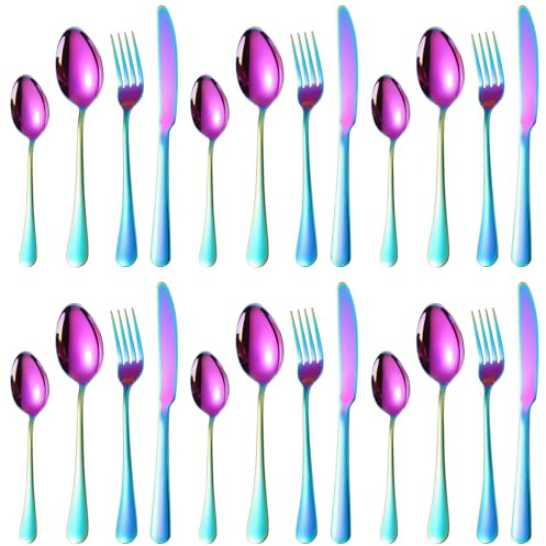 CHUENHEI Bestick set 6 personer, regnbåge, 24 stycken bestickset regnbåge rostfritt stål, camping bestickset färgglada inklusive sked, gaffel och kniv, diskmaskinssäkra metallbestick