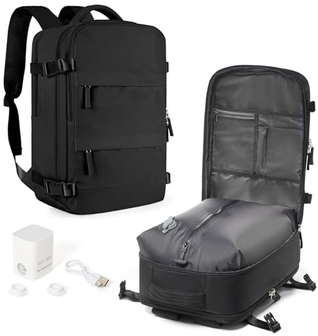 HPLQQ Vacuum Backpack Travel Bag with Pump, Travel Backpack Underseat Cabin Size Rucksack for Easyjet, Carry On Hand Luggage Casual Daypack School Bag 15.6 Inch School Laptop Backpack,Q-Black