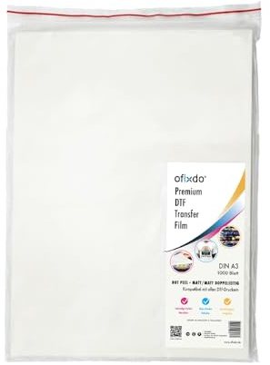 OFIXDO Premium DTF pellicola di trasferimento – DIN A3 – 1000 fogli – Opaco/Opaco – Hot Peel – per stampanti DTF e trasferimento di calore