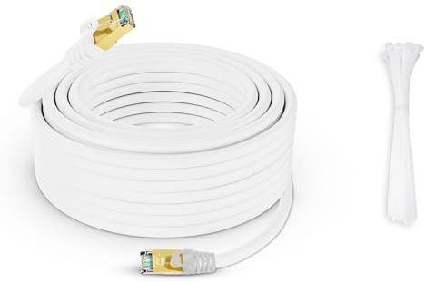 Werkybay Cavo Ethernet Cat 7 da 40m, 10 Gbps 600MHz (Cavo di LAN Rete/Internet ad Alta Velocità,S/FTP) Cavi Patch RJ45/Bianco Impermeabile, per Router, Modem,PC, Server ecc. +25 fascette