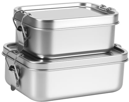 Kinberry Stainless Steel Lunch Box, 2 Pack (850ml + 550ml) Leakproof Food Container, Reusable Metal Lunch Box, Dishwasher Safe, for Adults, Kids, Office, School