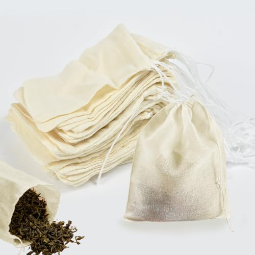 YBCCBY 50 Pcs Cotton Tea Filter Bags with Drawstring, Reusable Empty Tea Bags Teafilter Spice Filter Bag Teas Infuser Cotton Muslin Infuser Bag for Loose Teas Coffee Spices Soup (10x8cm)