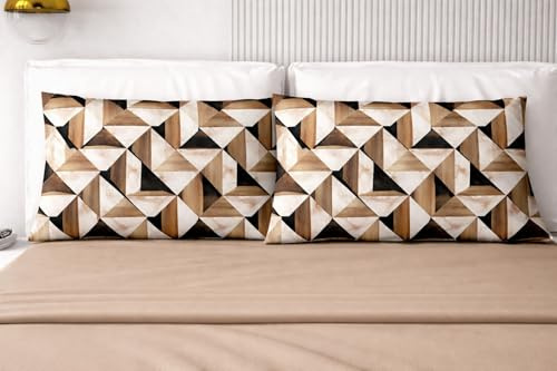 Completo Lenzuola Matrimoniale in Puro Cotone, Made in Italy - 4 Federe 50x80 cm (2 Cotone Tinta Unita e 2 Microfibra con Disegno) - Set Letto con Lenzuolo Sopra e Sotto con Angoli (Geometrico Beige)