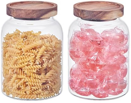 Large Glass Storage Jar with Airtight Acacia Lid - Large Food Storage Container for Kitchen Pantry Organization - Clear Glass Canister Set for Pasta, Rice, Flour, Cereal, Oats, Coffee Beans (2, 1.3L)