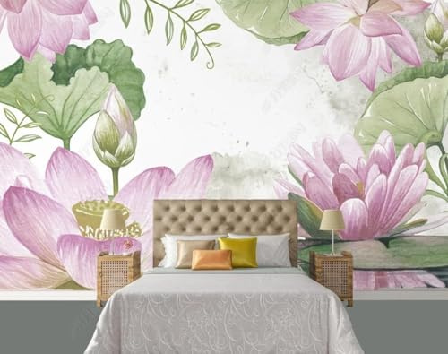 XLMING Peint À La Main Violet Lotus Vert Feuilles De Lotus Papier Peint 3D Soie De Luxe Intissé Bureau Salle à Manger Canapé Chambre Salon TV Mural Décoratif-150cm×105cm