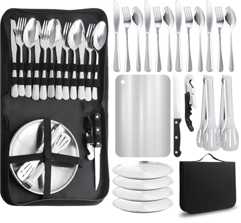 Set di stoviglie da campeggio per 4 persone, 22 posate da campeggio portatili, posate da campeggio con cucchiaio, forchetta, coltello, clip piatto in acciaio inox 304, portaposate per picnic, viaggi