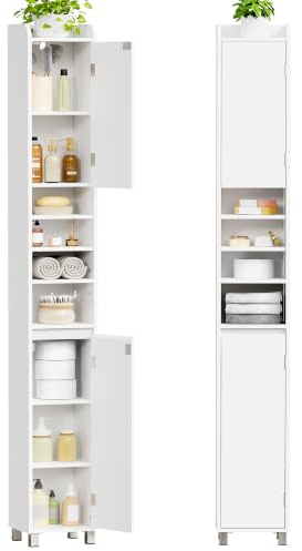 BEWISHOME Armario de baño Estrecho, Armario Alto con 5 estantes Ajustables, Resistente al Agua, para baño, Cocina y salón, 20x20x180 cm, Blanco EYYG21W