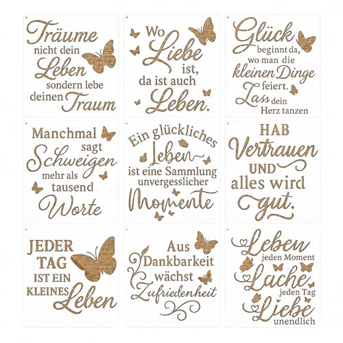 ARYIMYDP Schablonen Sprüche Deutsch, 9 Stück Inspirierende Stencil Vorlagen für Basteln Malen, DIY Schablone für Holz Stoff Karten Wand, Scrapbooking Deko Kreativprojekt wiederverwendbar Motiv Text
