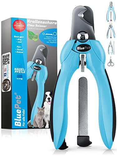 BluePet Profi Krallenschere für Hunde & Katzen I Extra Starker & Scharfer Krallenschneider für Harte Krallen I Einstellbare Krallenzange auf alle Krallendurchmesser + Feile im Griff - Krallenpflege