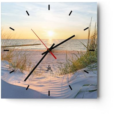 ARTTOR Moderne Glasuhr 30x30cm Quadrat Wanduhr Landschaften Maritim - 3989 | Düne Strand Meer Glas Analog Wanduhr Lautlos Wanddekoration Wohnzimmer Büro Küche Wanddeko Küchenuhr Geräuschlos ARTTOR
