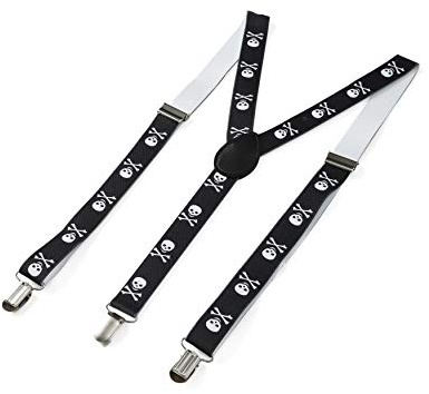 Komonee Skull & Crossbones Braces Suspenders Halloween Adjustable Unisex Trouser Shirt Pull Up Clothing Accessory Y Back Shaped For Casual Comfortable With Metal Clips For Men & Women
