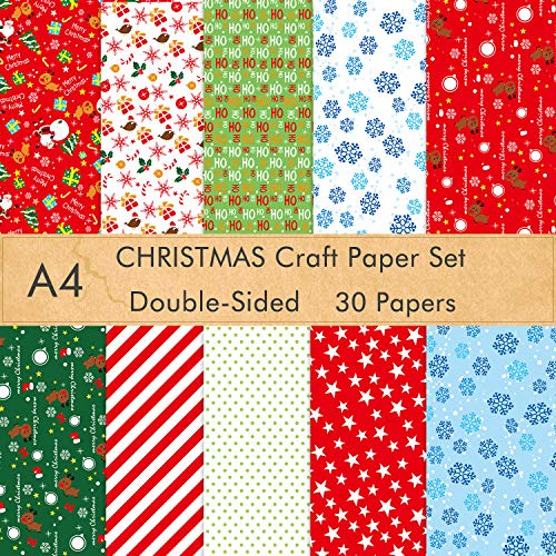 FEPITO Juego de 30 hojas de papel con patrón navideño, papel decorativo A4 para hacer tarjetas, decoración de álbumes de recortes, 10 diseños