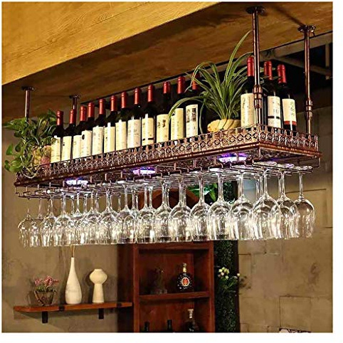 YJPDPHJJ Upside down wine rack, simple style iron hanging wine glass rack, ceiling decoration rack, suitable for bars, restaurants, kitchens (Color : Bronze, Size : 120 * 35cm)