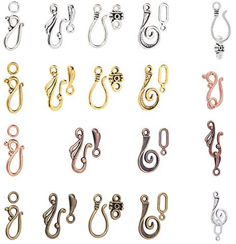 PandaHall 120 Sets 15 Styles S Hakenring-Kippverschlüsse Tibetischer Stil Haken- Und Ösenverschlüsse Haken-Augenkippschnur Seilende-Verschlüsse Verbindungsperlen Für Die Schmuckherstellung