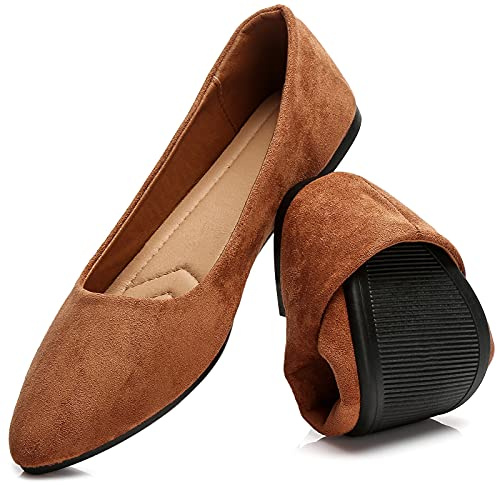 HEAWISH Women’s Black Flats Shoes Comfortable Suede Pointed Toe Slip On Casual Ballet Flats Dress Shoes Nude Flats(Tan, US8)