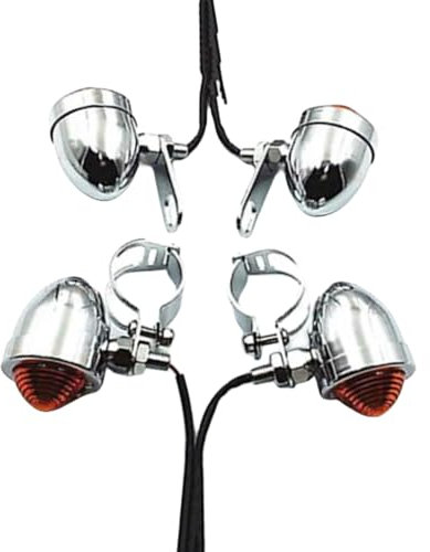 Motorrad Bullet Vorne + Hinten Blinker Lichtanzeige Gabelklemme Stoßdämpfer Halterung Relocator Halter für CG125 GN125 CB Shadow Cafe Racer Cruiser Chopper Bobber Old School (Chrom/Bernstein)
