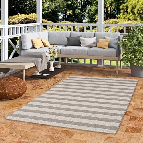 In & Outdoor Flachgewebe Sisaloptik Natur, Terrasse und Balkon Teppich Valencia Grau Streifen in 5 Größen