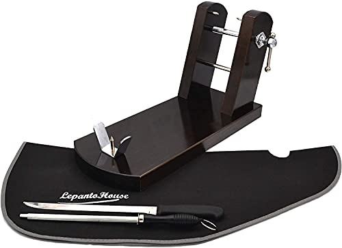 LEPANTO JAMONERO BUARFE Rioja con Set Negro EN Madera DE Pino para Profesional HOGAR +Cuchillo JAMONERO + CHAIRA + Cubre Jamon EN Color: (Tabaco Set Negro)