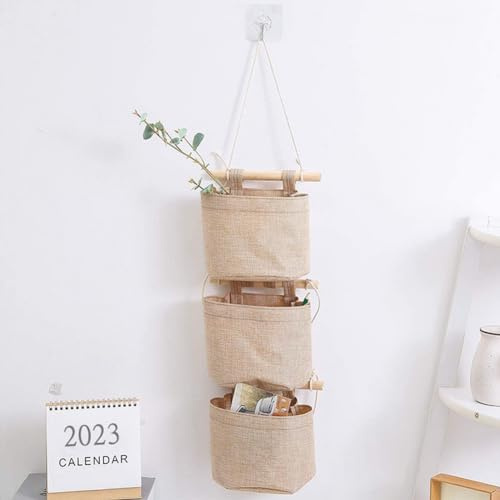 Nicoone Hängeorganizer,Hängetasche Hängend mit 3 Taschen,Baumwolle-Leinen Hängende Tasche Aufbewahrungstasche,Hängeaufbewahrung für Schlafzimmer,Büro,Kinderzimmer,Badezimmer (Beige)