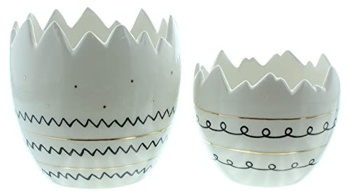 FRANK FLECHTWAREN Pflanzer Style, 2er Set, Moderne Osterdeko aus Porzellan, glänzend weiß lackiert mit grafischen Mustern in Schwarz und Gold, Maße: Ø 11 x 8 cm, Ø 12 x 11 cm