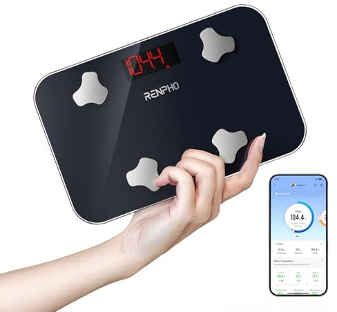 RENPHO Personenwaage Digital, Mini Waage mit Körperfett und Muskelmasse, Tragbare Körperfettwaage Synchronisierbar mit Apps, Höchstmaß 180kg, 28 X 18CM