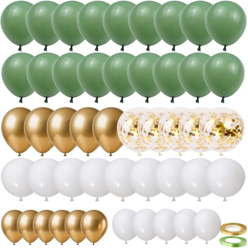 70 Stück Luftballons Salbei Grün Gold Weiß Konfetti für Hochzeit Baby Shower Geburtstag Abschluss Party Deko
