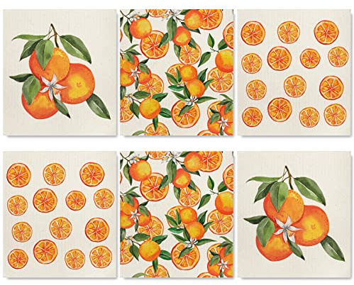 Whaline Orange Swedish Kitchen Dishcloth Fruit Pattern Absorbent Cotton Kitchen Towel Daily Cleaning Dishcloths for Party Home Housewarming Cleaning Counter Wipes, 7 x 8 in, 6Pcs