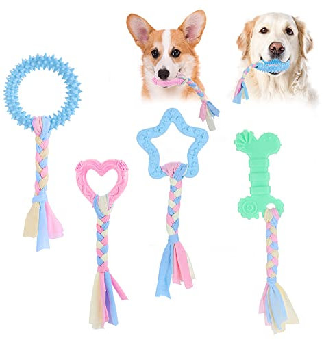 Molain Kauspielzeug für Welpen zum Zahnen - 4 Stück aus Gummi Mit Interaktiven Baumwollseilen, Niedliches Rosafarbenes Hundespielzeug