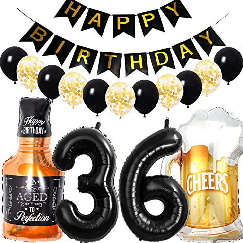 Conruich Geburtstagsdeko 36 Jahre Mann Frau, Luftballon 36. Geburtstag Deko Mann, Folienballon Zahl 36 Schwarz, Helium Ballon Whiskey Bierglas für 36. Geburtstag Manner Party Dekoration