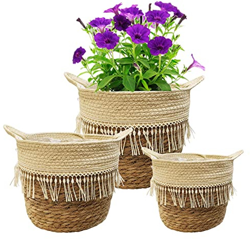 KMERCE 3 st växtkorg med handtag, växtkorg Seagrassväxter, krukhållare inomhus, naturlig växtkorg dekoration, växtkorgar, växthållare, diameter 16 cm, 18 cm, 23 cm