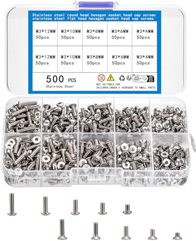 KOXXIAMOQ 500pcs Metric Machine Screw Assortment Kit, Include 250pcs Hex Button Head Cap Bolts, 250pcs Hex Socket Flat Head Screws Bolts, M3 Stainless Steel Socket Bolt Set