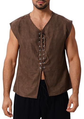 Men's Medieval Vest Suede Leather Pirate Tank Top V-Neck Lace Up Renaissance Vintage Steampunk Gothic Sleeveless Waistcoat Retro Viking Tops Victorian Halloween Costume Carnival Cosplay Coffee M